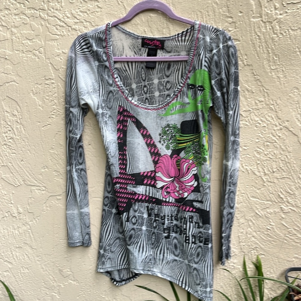 Custo Barcelona long sleeve scoop neck Zebra & graffiti top size 1